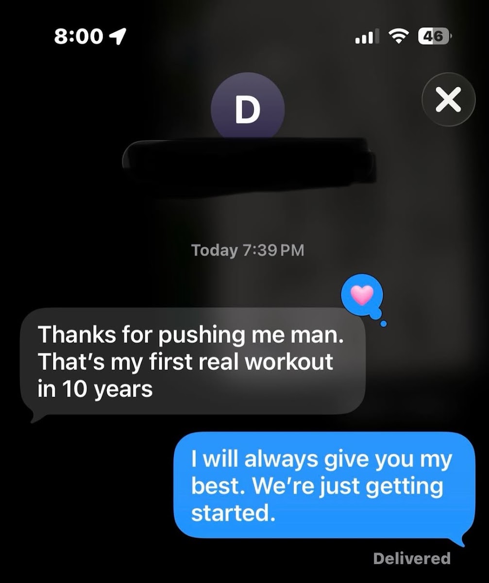 Screenshot of a client text message saying it was their first real workout in 10 years